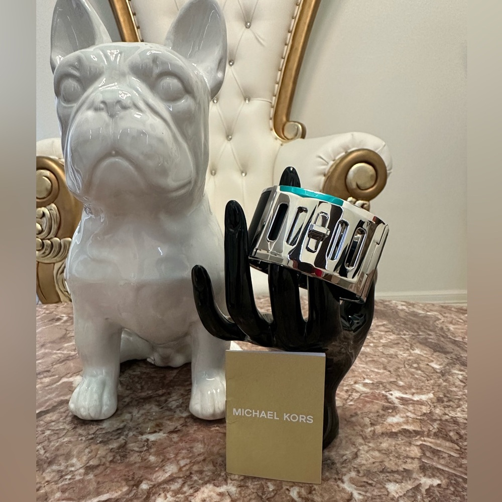 (MSRP $165)Michael Kors Leather Turn-lock Silver Cuff Bracelet - NWOT